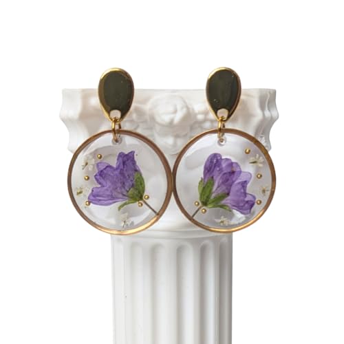 Handgefertigte Blumen-Ohrringe, 2,5 cm, Hypoallergener Edelstahl, Echte Lila Blüten mit Goldperlen