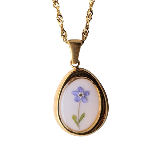 Edelstahl Vergissmeinnicht Medaillon Halskette, Goldfarben, 2cm Anhänger mit Echten Blüten und Blättern, Handgefertigt in Harz