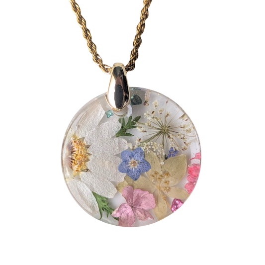 Handgefertigte Halskette mit echten Blumen – Runder Anhänger 3 cm, Edelstahlkette 45 + 5 cm, Resin mit Strasssteinen