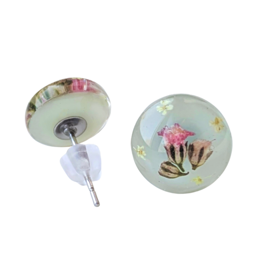 Handgefertigte Ohrstecker mit echten Blumen, 1 cm, Mintgrün, Hypoallergener Edelstahl
