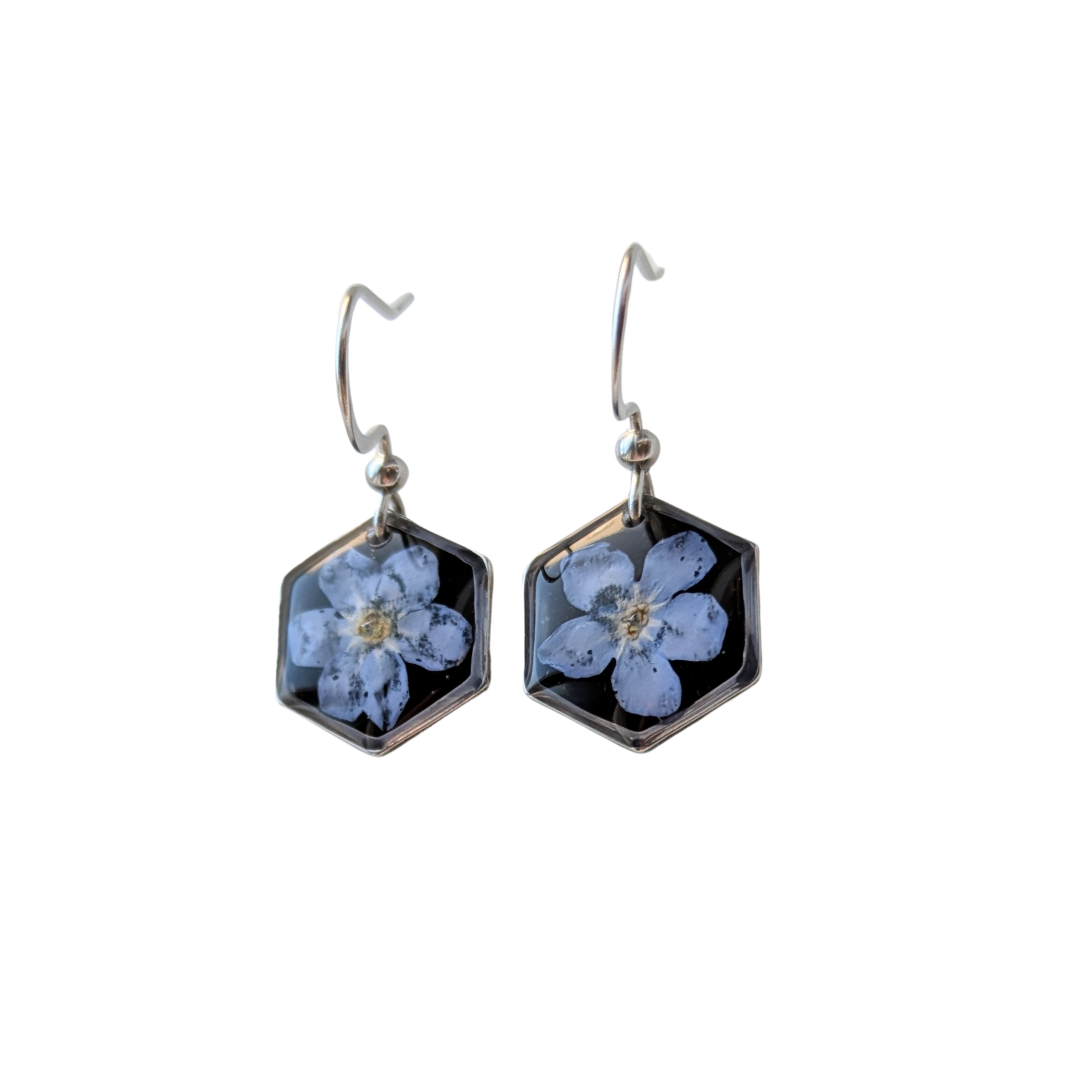 Handgefertigte Hexagon-Ohrringe mit Echten Blumen, 2,5 cm, Schwarz-Blau, Harz-Schmuck