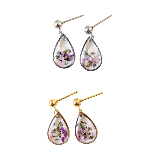 Handgefertigte Teardrop-Ohrringe mit echten Blüten, 2,2cm, Gold & Silber, Hypoallergener Edelstahl