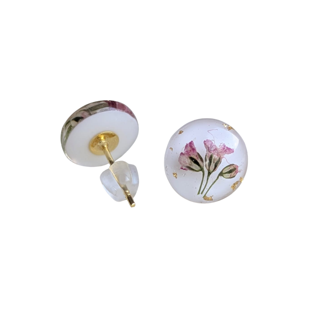 Handgefertigte Ohrstecker mit echten rosa Blumen – 1 cm, Blattgold, hypoallergener Edelstahl