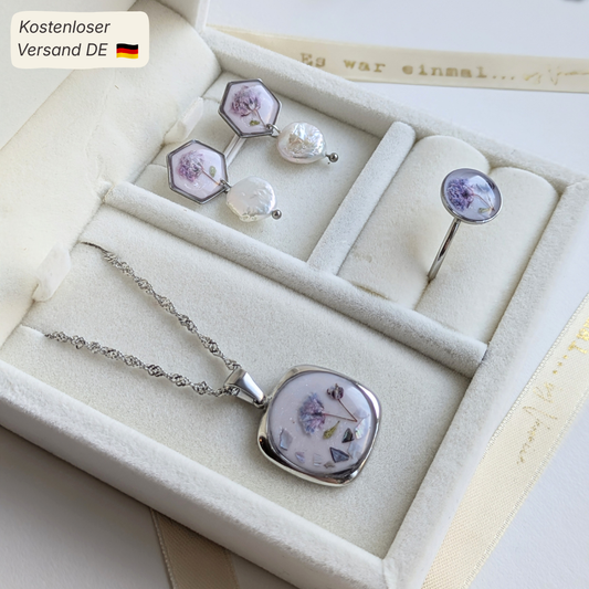 Elegantes Schmuckset mit echten Blumen & Süßwasserperlen – 3-teilig & handgefertigt