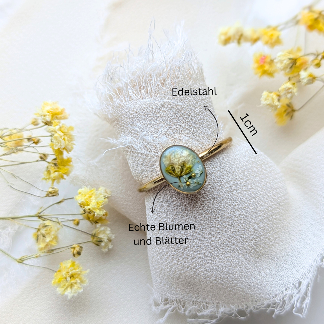 Verstellbarer Harz-Ring mit echten Blumen | Gold & Silber | Handgefertigt, Natur-Inspiration