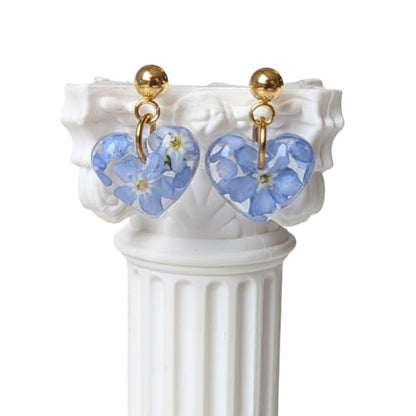 Handgefertigte Herz-Ohrringe mit echten Vergissmeinnicht-Blüten, 1,8 cm, Edelstahl, Silber und Gold