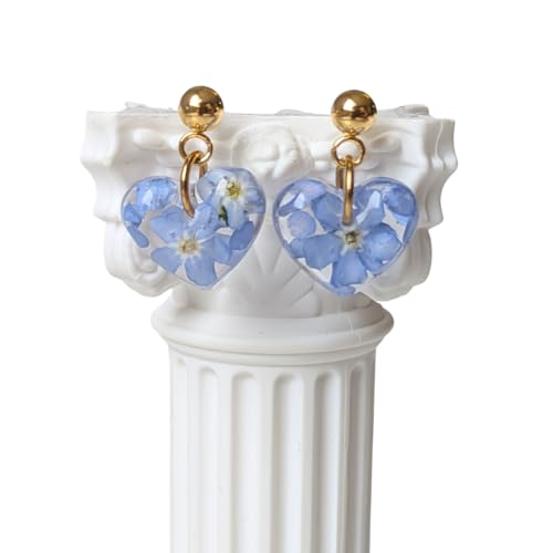 Handgefertigte Herz-Ohrringe mit echten Vergissmeinnicht-Blüten, 1,8 cm, Edelstahl, Silber und Gold
