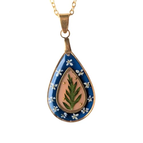 Handgefertigter Tropfenanhänger mit echten Blumen, 2,5 cm, Blau-Orange, Goldene Edelstahlkette 45 cm
