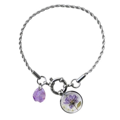 Armband mit Ankerverschluss – handgefertigtes Armband mit echten Blüten und Perlmutt, silberfarben