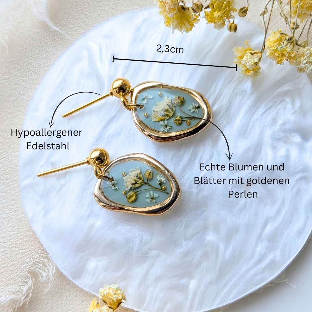 Handgefertigte Ohrringe mit echten Blüten, 2,3 cm, Gold-Perlen, Hypoallergener Edelstahl