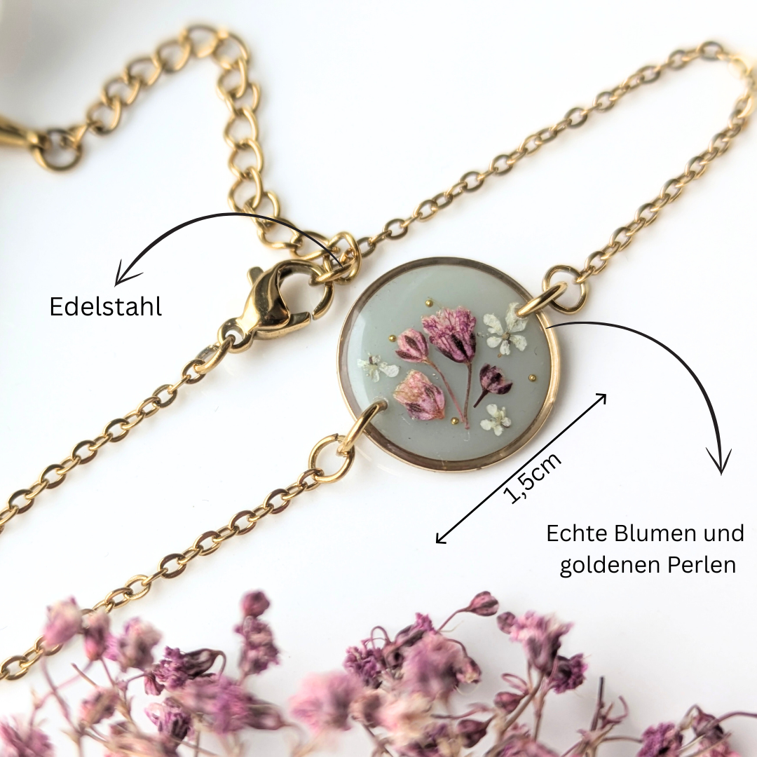 Handgefertigtes Blumenarmband mit echten Blumen in Harz – Vintage Grün & Rosa