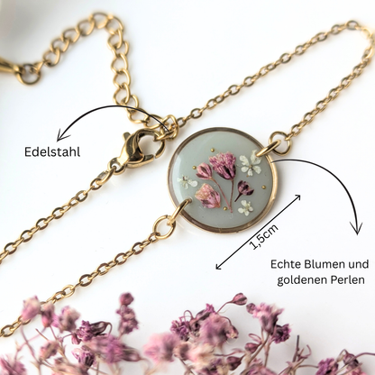 Handgefertigtes Blumenarmband mit echten Blumen in Harz – Vintage Grün & Rosa
