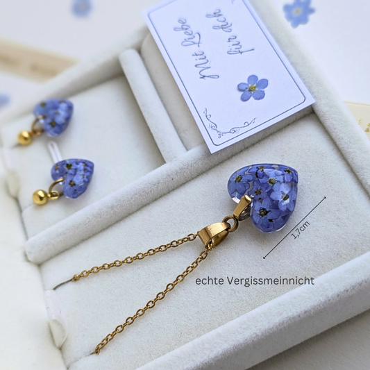 Vergissmeinnicht Schmuckset – Halskette & Ohrringe mit echten Blüten, Edelstahl, handgefertigt