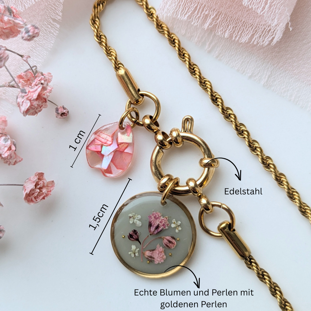 Edelstahl Damen Armband mit Blütenanhänger, 16cm Kordel-Kette, Goldfarben, Handgefertigt mit Echten Blumen in Harz, Rosa Perlmutt-Kristall, Ankerverschluss