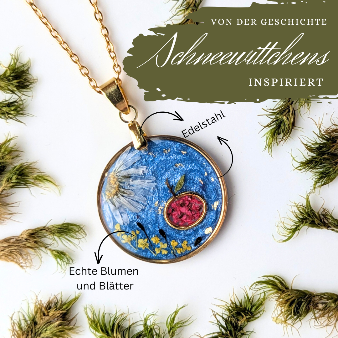Handgefertigter Blumen-Schmuck Halskette, Epoxidharz-Anhänger mit Apfel-Motiv, 2,5 cm, Edelstahlkette 45 cm, Blau