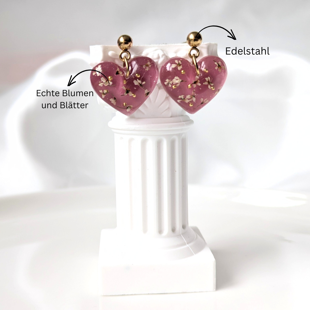 Handgefertigte Ohrringe mit echten Blumen und Blättern, Edelstahl, kreatives Geschenk, 2,5 cm, goldfarben, Herzform