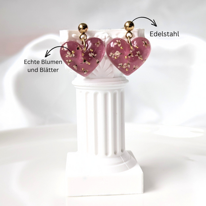 Handgefertigte Ohrringe mit echten Blumen und Blättern, Edelstahl, kreatives Geschenk, 2,5 cm, goldfarben, Herzform