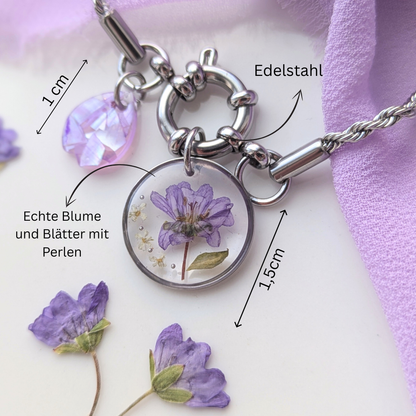 Armband mit Ankerverschluss – handgefertigtes Armband mit echten Blüten und Perlmutt, silberfarben