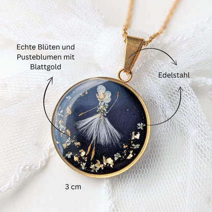 Auf Bestellung - “Stiller Tanz“ – Anhänger mit echter Pusteblume, Blüten, Blattgold und Epoxidharz