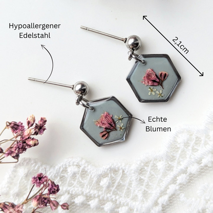 Handgefertigte Hexagon-Ohrringe mit echten Blumen, 2,1 cm, Hypoallergener Edelstahl, Grün-Rosa