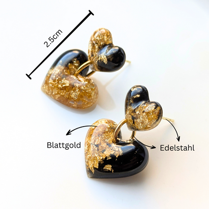 Handgefertigte Herz-Ohrringe, Schwarz-Gold mit Blattgold, 2,5 cm, Edelstahl-Verschluss