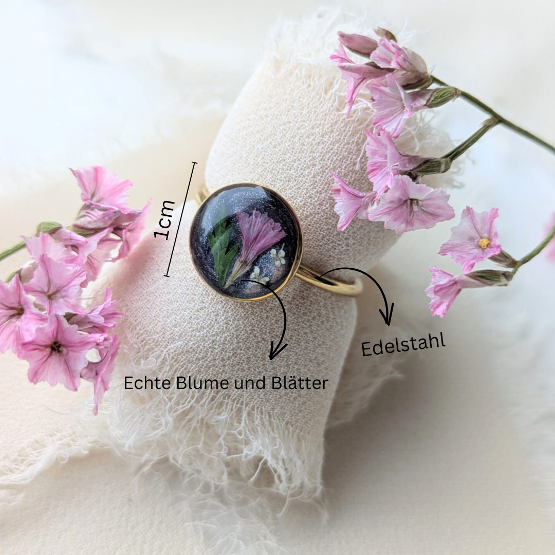 Handgefertigter Blumen-Ring, Verstellbar, Echte Blüten, Rosa Blume, Edelstahl Gold, Rund 1 cm