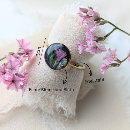 Handgefertigter Blumen-Ring, Verstellbar, Echte Blüten, Rosa Blume, Edelstahl Gold, Rund 1 cm