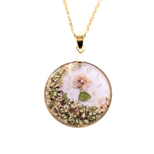 Handgefertigter Blumen-Anhänger mit Epoxidharz, 2,5 cm, Goldene Edelstahlkette 45 cm, Echte Blüten mit Blattgold und Strasssteine.