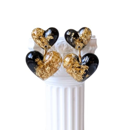 Handgefertigte Herz-Ohrringe, Schwarz-Gold mit Blattgold, 2,5 cm, Edelstahl-Verschluss