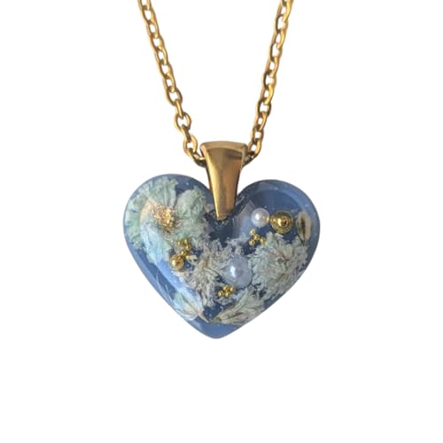 Handgefertigte Herz-Halskette mit Trockenblumen, Blau, Edelstahl, 1,7 cm Herzanhänger, 45 cm Kette, Perlen und Blattgold Verzierung, Romantischer Schmuck für Damen