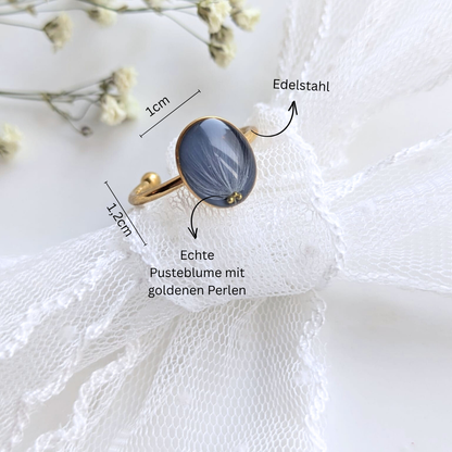 Verstellbarer Ring mit echter Pusteblume – handgefertigt, zarter Schmuck in Blau
