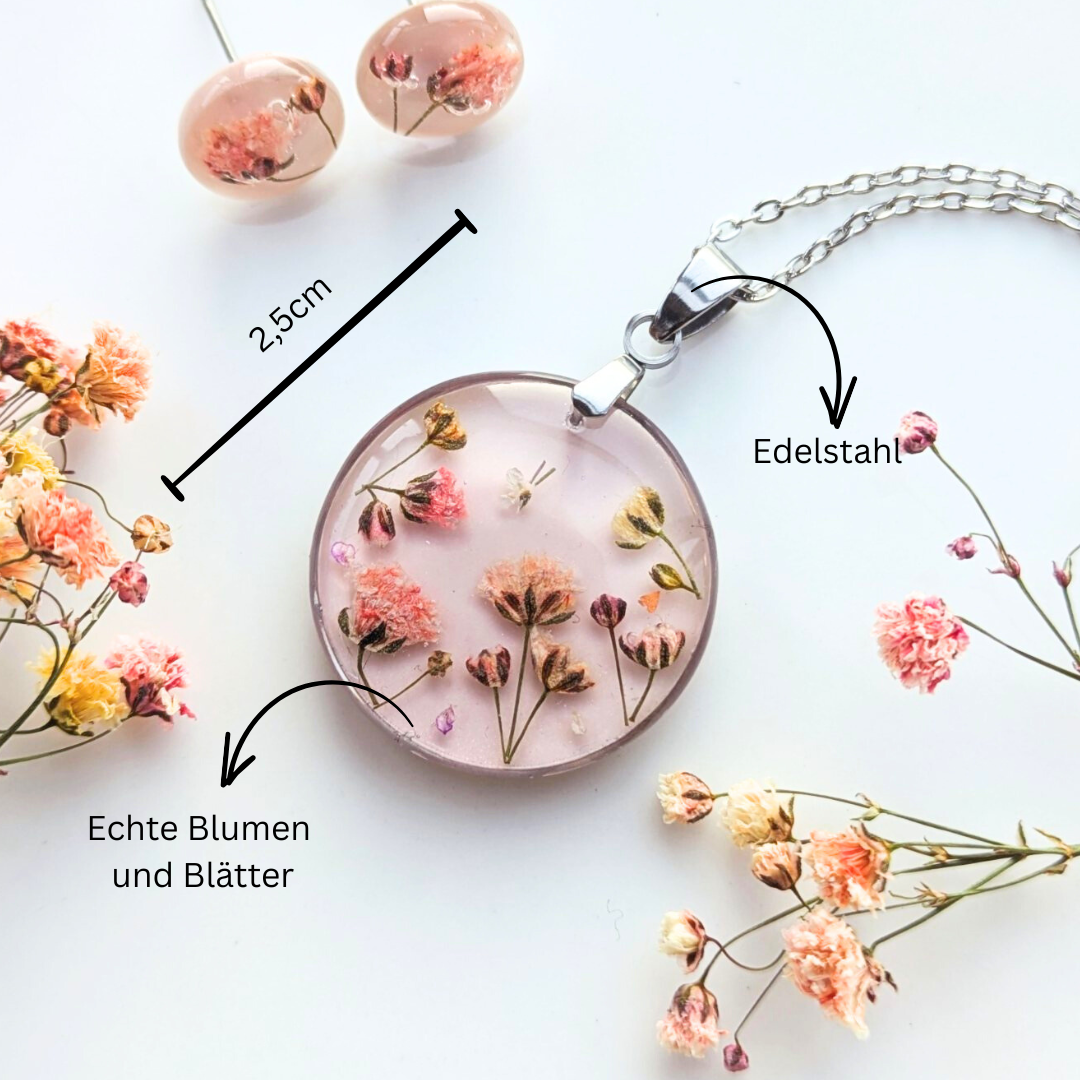 Handgefertigte Blumen-Halskette, 2,5 cm Epoxidharz-Anhänger, 45 cm Edelstahlkette, Echte Trockenblüten
