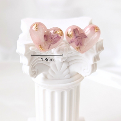 Handgefertigte Ohrringe mit echten Blumen und Blättern, Harz, Blattgold, Edelstahl, Herzform, 13x1,3cm,