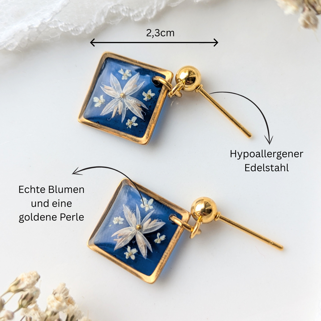 Handgefertigte Ohrringe mit echten Blüten, 2,3 cm, Blau und Gold, Hypoallergener Edelstahl
