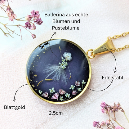 Auf Bestellung - “Die Selle des Tanzes“ – Anhänger mit echter Pusteblume, Blüten, Blattgold und Epoxidharz