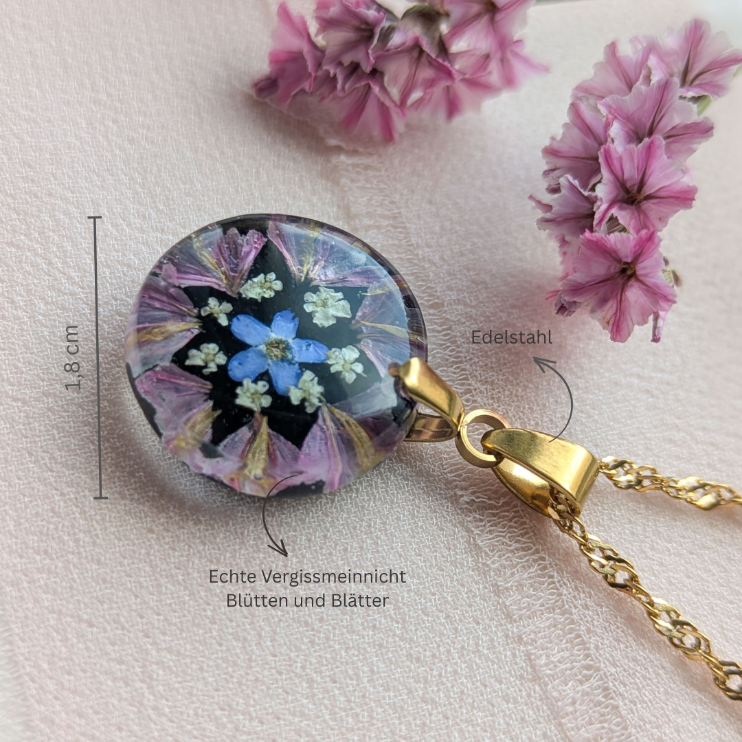 Halskette mit echten Blumen – Handgefertigter Harz-Anhänger mit Vergissmeinnicht | Edelstahlkette in Goldfarbe | 45 cm + 5 cm