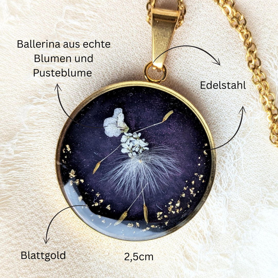 Auf Bestellung - “Die Verbeugung“ – Anhänger mit echter Pusteblume, Blüten, Blattgold und Epoxidharz