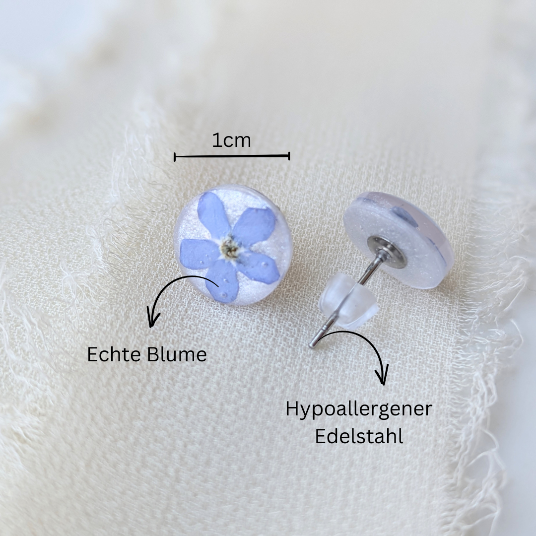 Handgefertigte Vergissmeinnicht-Ohrstecker, Echte Blumen, Hypoallergener Edelstahl, 1 cm