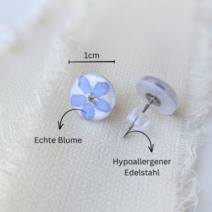 Handgefertigte Vergissmeinnicht-Ohrstecker, Echte Blumen, Hypoallergener Edelstahl, 1 cm