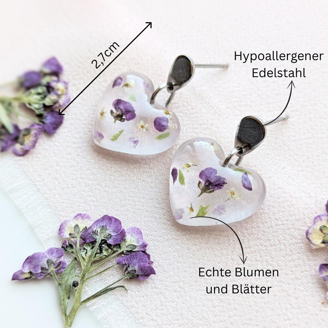 Handgefertigte Herz-Ohrringe mit echten Blumen, 2,7 cm, Hypoallergener Edelstahl, Transparent-Lila