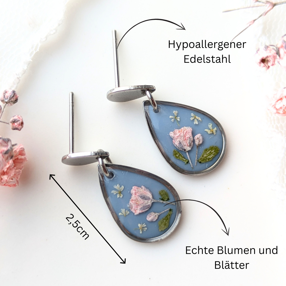 Handgefertigte Ohrringe mit echten Blüten, 2,5 cm, Hypoallergener Edelstahl, Hellblau-Rosa