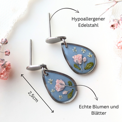 Handgefertigte Ohrringe mit echten Blüten, 2,5 cm, Hypoallergener Edelstahl, Hellblau-Rosa