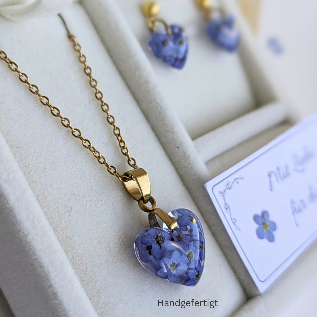Vergissmeinnicht Schmuckset – Halskette & Ohrringe mit echten Blüten, Edelstahl, handgefertigt