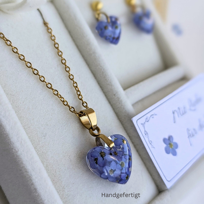 Vergissmeinnicht Schmuckset – Halskette & Ohrringe mit echten Blüten, Edelstahl, handgefertigt