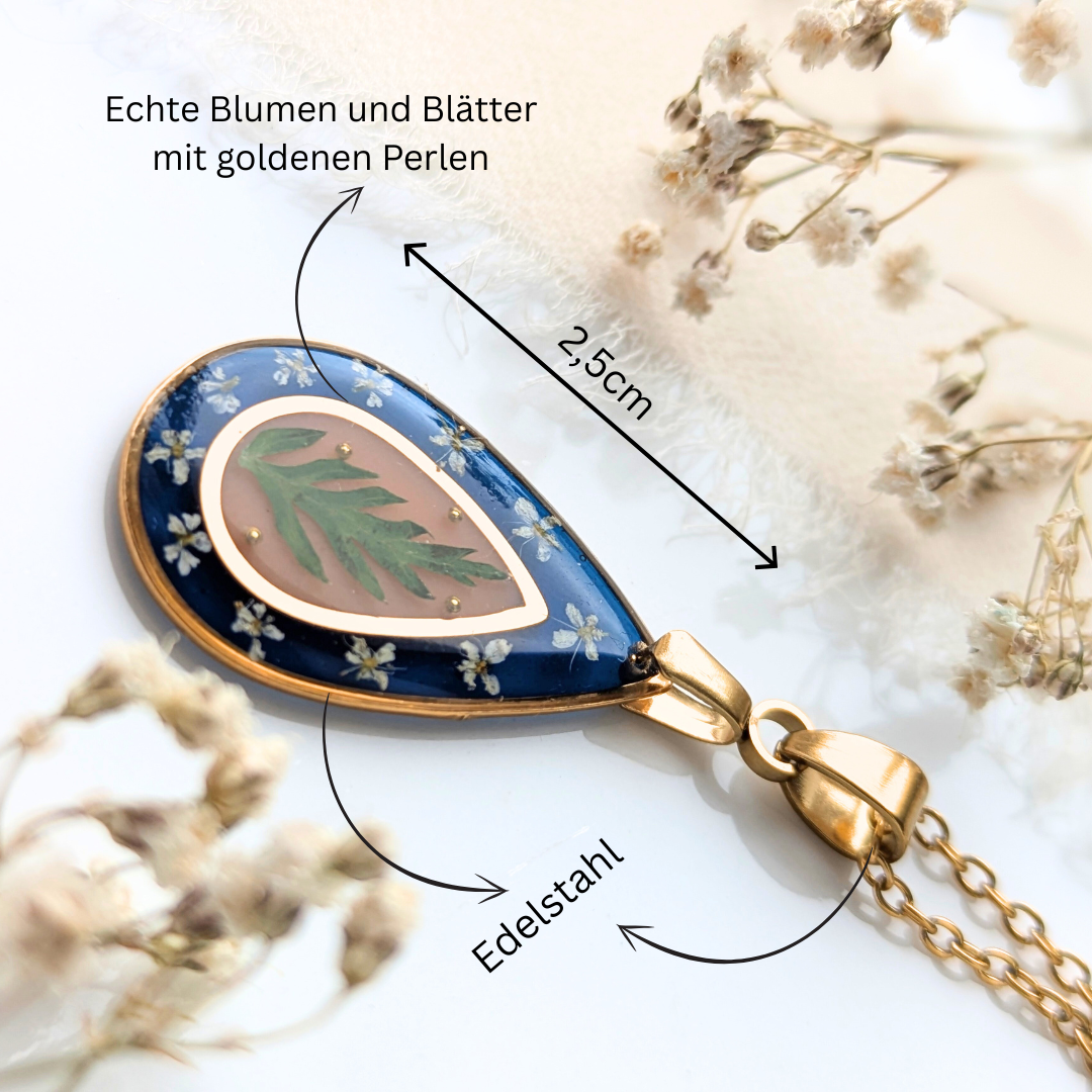 Handgefertigter Tropfenanhänger mit echten Blumen, 2,5 cm, Blau-Orange, Goldene Edelstahlkette 45 cm