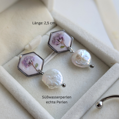 Elegantes Schmuckset mit echten Blumen & Süßwasserperlen – 3-teilig & handgefertigt