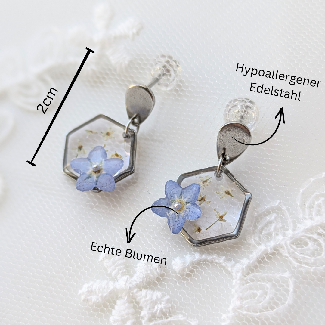 Handgefertigte Hexagon-Ohrringe mit Vergissmeinnicht, 2 cm, Hypoallergener Edelstahl, Echte Blüten