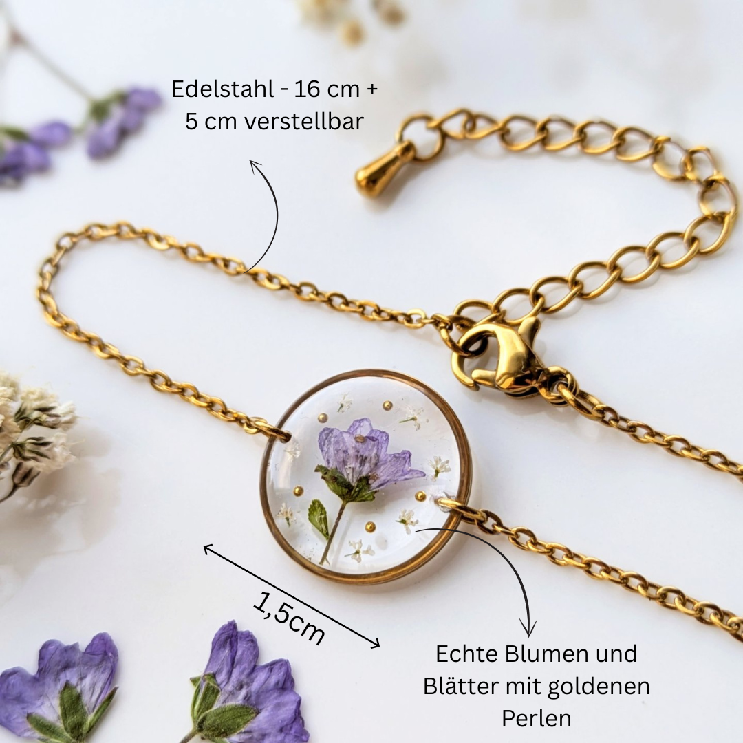 Handgefertigtes Blumen-Armband, Echte Blüten in Harz, 16 cm + 5 cm Verstellbar, Edelstahl-Kette, Gold