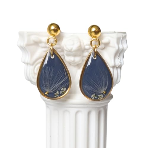 Handgefertigte Harz-Ohrringe mit Pusteblume und Trockenblumen, 2,2 cm, Hypoallergener Edelstahl, Navyblau - Gold und Silber