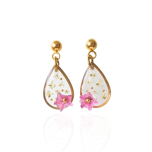 Handgefertigte Ohrringe mit echten Blumen, 2,3 cm, Tropfenform, Hypoallergener Edelstahl, Rosa Blüten mit Perlen